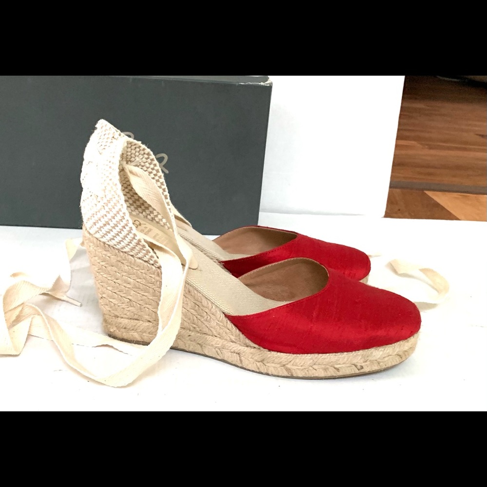 Gorgeous red silk espadrilles lightweight tie-up wedges Sandals shoes US size 10